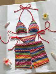 Sexy Red Striped Knitted Bikini Set