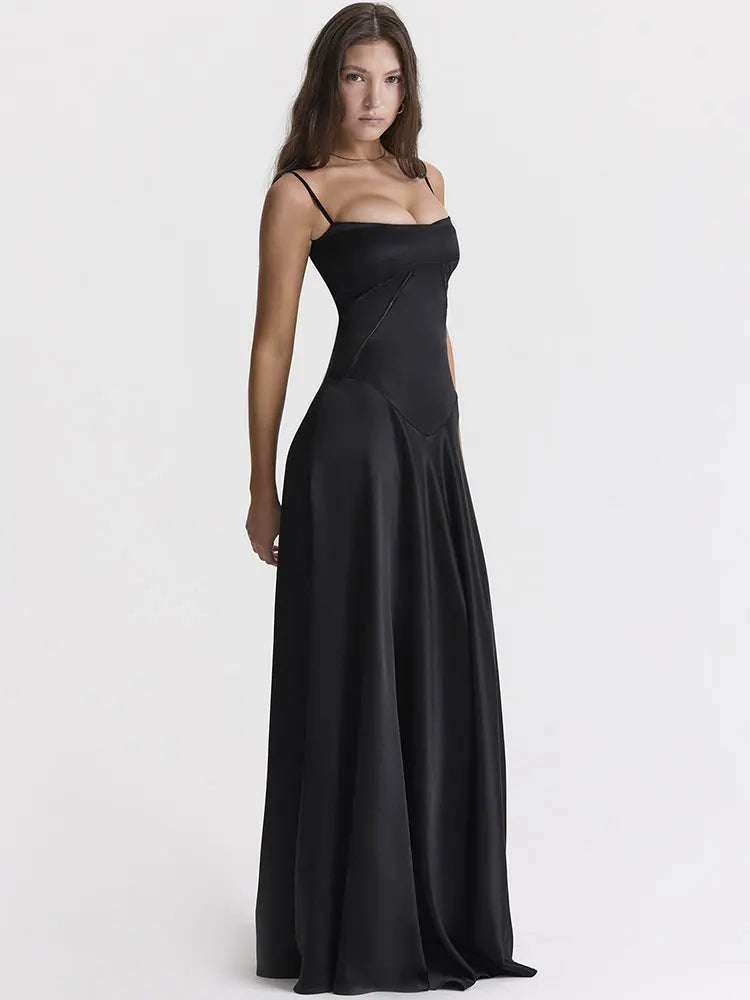 Lace-up Black Satin Maxi Dress