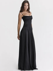 Lace-up Black Satin Maxi Dress