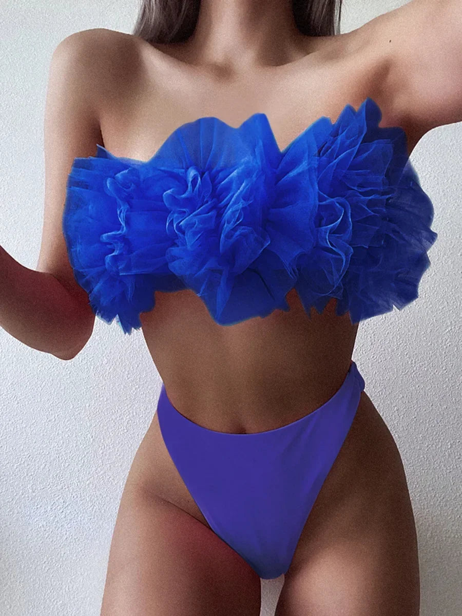 New Sexy 3D Flower Mesh Ruffled Swimsuit