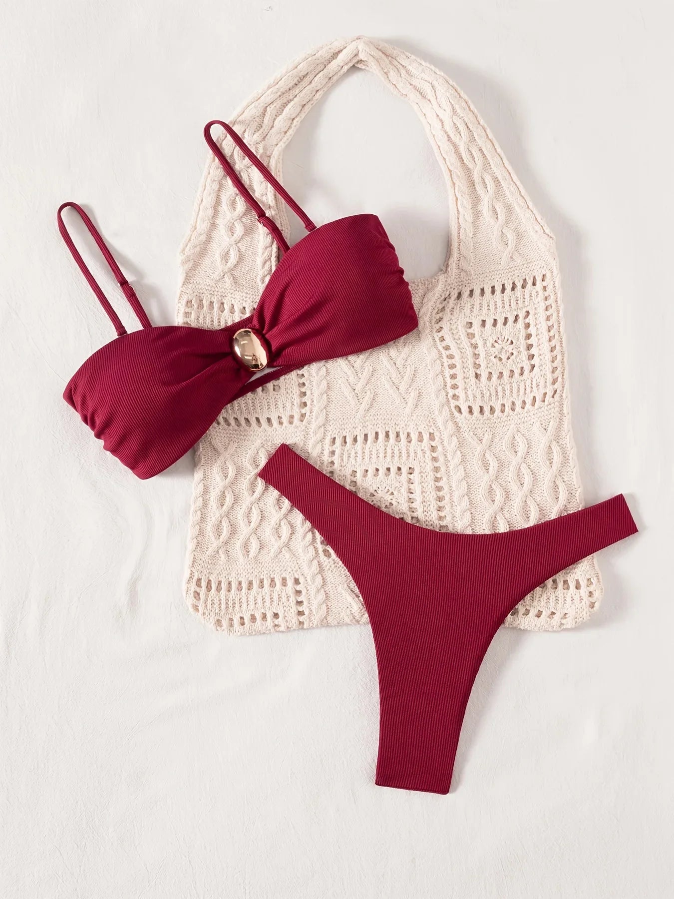 Sexy Red Metal Buckle Pleate Push Up Bikini Set