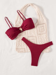 Sexy Red Metal Buckle Pleate Push Up Bikini Set