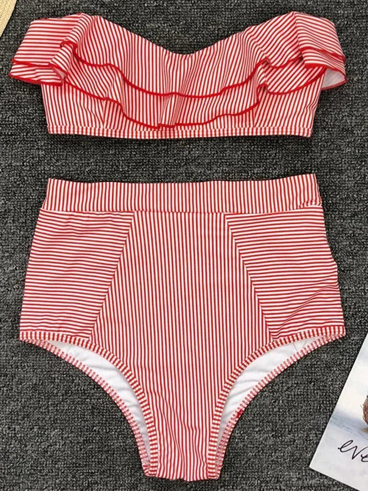 Striped Top Ruffle High Waist Bikini