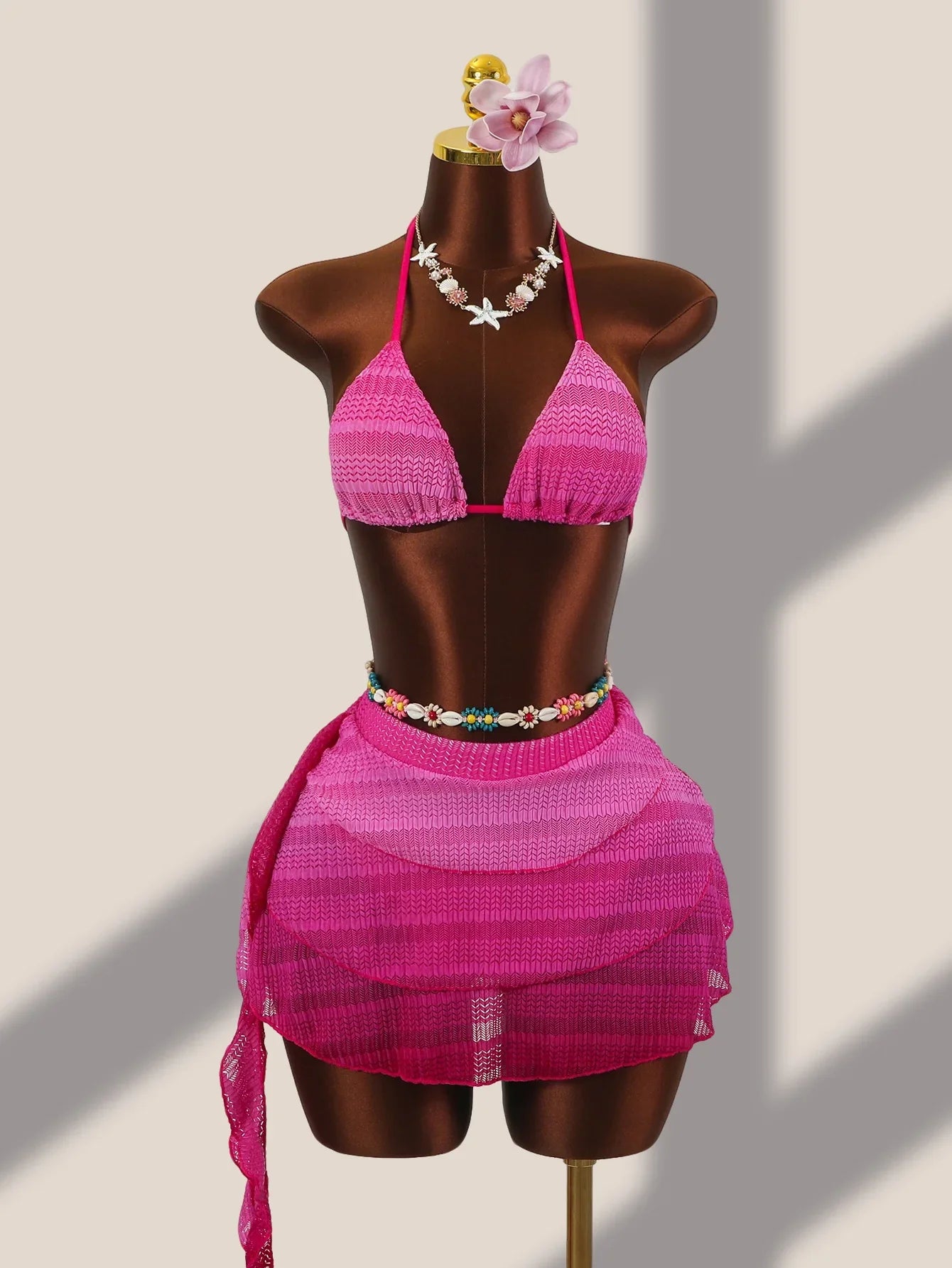 Sexy Hot Pink Gradient Mesh Pleate Skirt 3 Piece Bikini Set