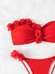 Sexy Red 3D Flower Two Piece Swimsuit