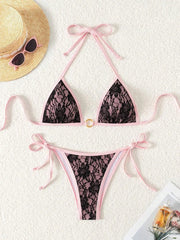 Embroidery Mesh Lace Halter High Cut Bikini