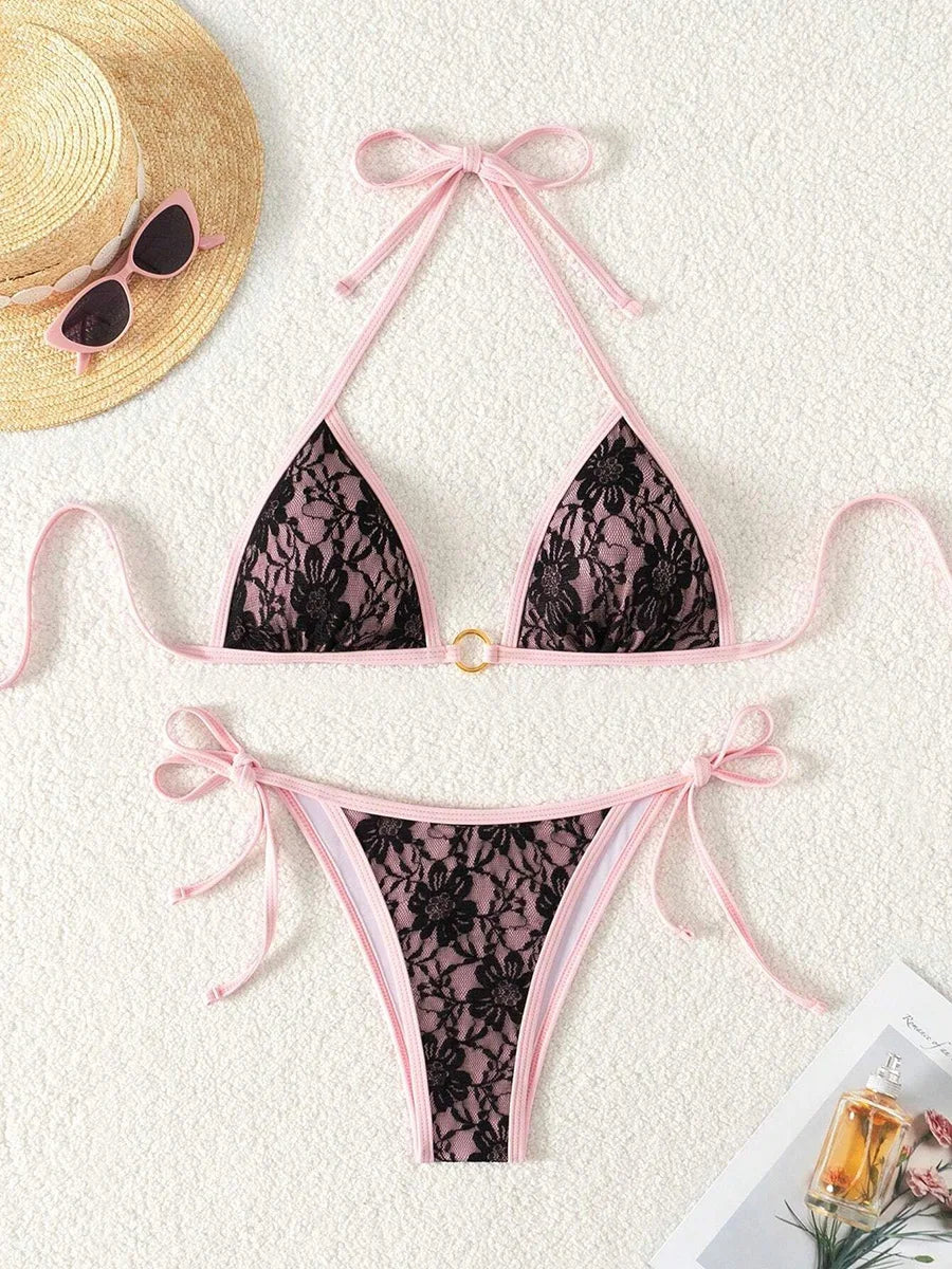 Embroidery Mesh Lace Halter High Cut Bikini
