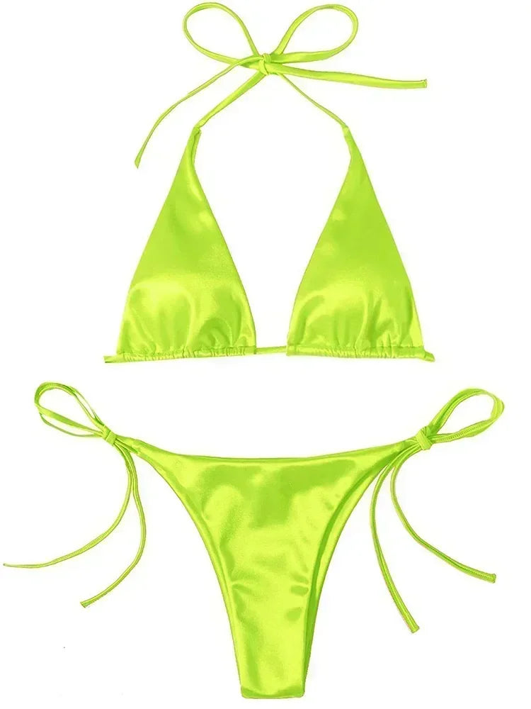 Wrap Around Halter Metallic Satin Bikini