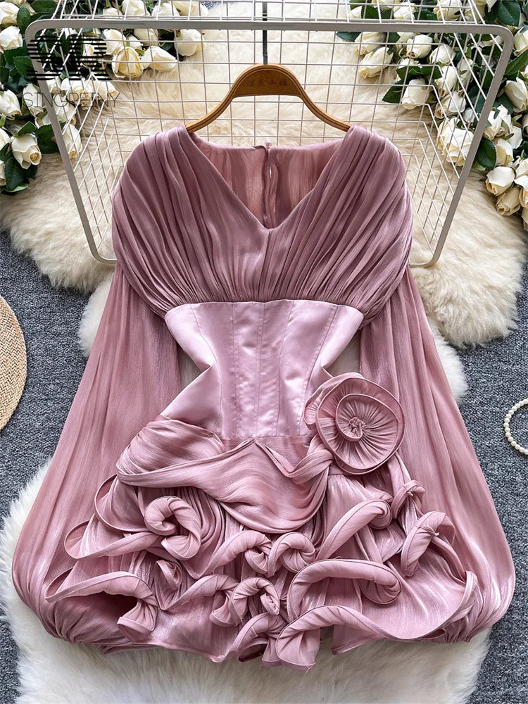 3D Floral Satin Corset Sheer Lantern Sleeve Ruched Stretch Waist Ladies Luxury Party Ruffles Splice Slim Short Dress