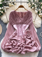 3D Floral Satin Corset Sheer Lantern Sleeve Ruched Stretch Waist Ladies Luxury Party Ruffles Splice Slim Short Dress