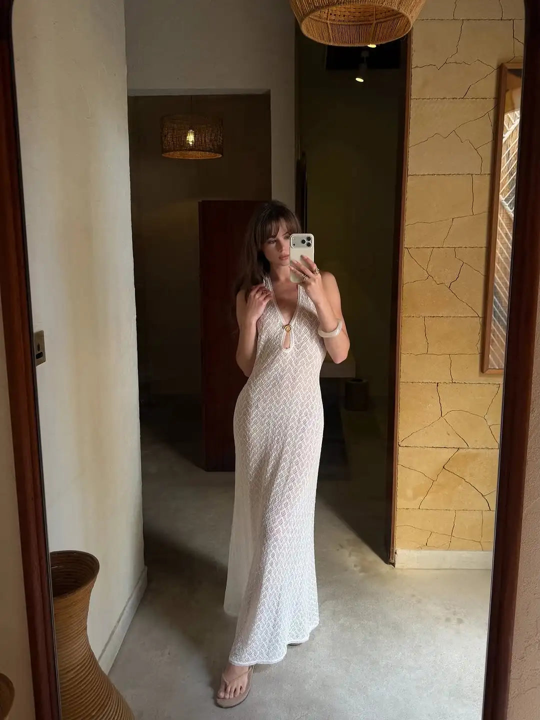 Bohemian Style White Hollow Out Breathable Fabric Long Skirt Sleeveless Slim Fit Beach Travel Vacation Long Clothing