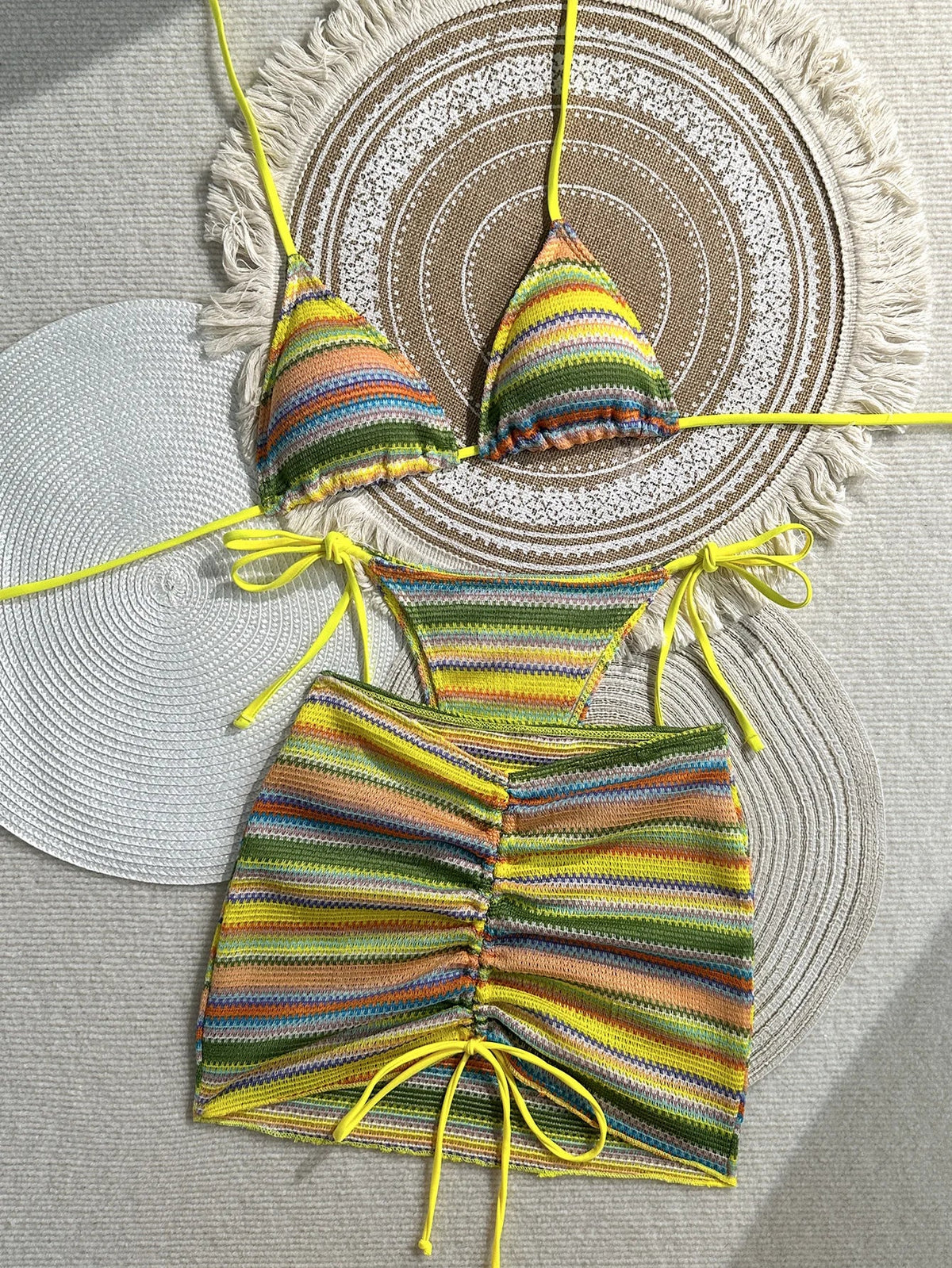 Vintage Green Striped Knitted Bikini Set