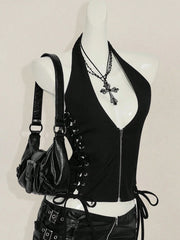 Gothic Zippered Front Opening Slim Fit Side Tie-Strap Backless Crop Top
