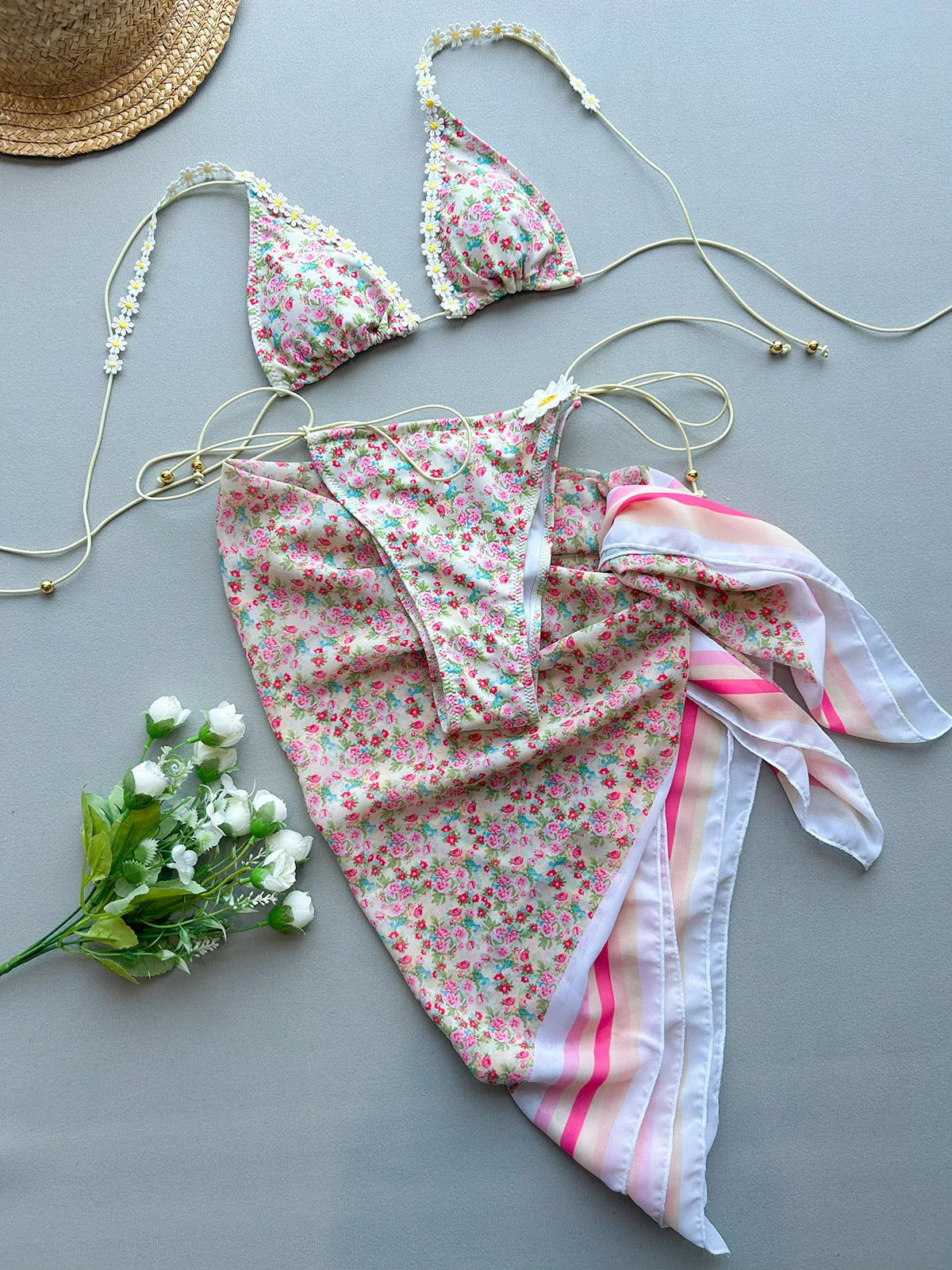 Sexy Pink Floral Print Bikini Set