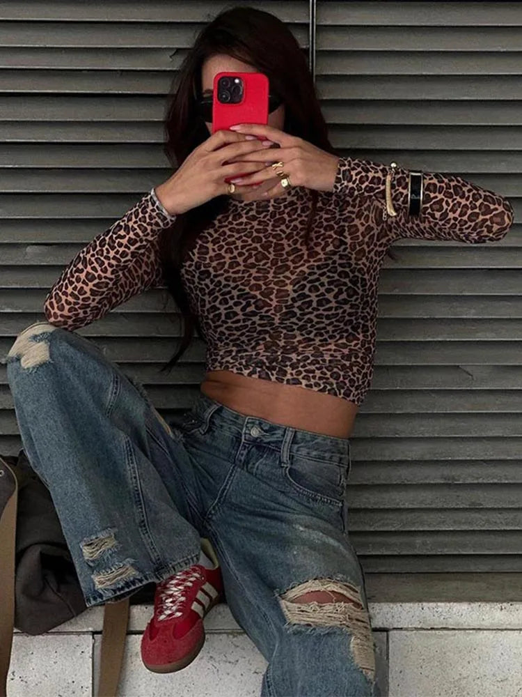 Night Club Outfit Animal Print Mesh Blouse Round Neck Long Sleeve Slimming Waist Crop Top