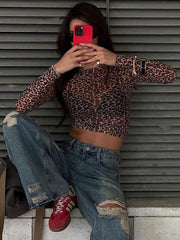 Night Club Outfit Animal Print Mesh Blouse Round Neck Long Sleeve Slimming Waist Crop Top