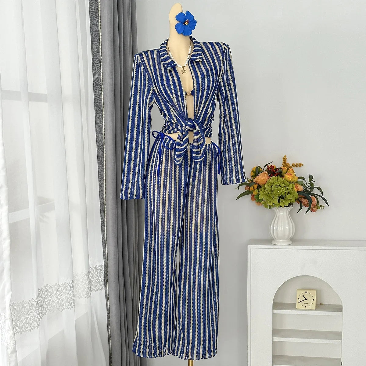 Sexy Blue Striped 4 Piece Bikini Set