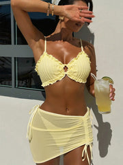 Sexy Yellow Swimwear Women Ruffles Circle Pleate Push Up Bra Thong Bikini