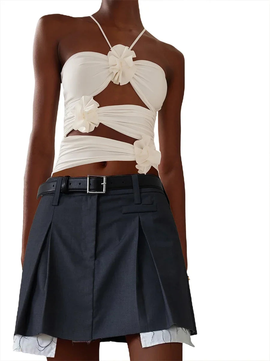 3D Floral Strap Crop Tops