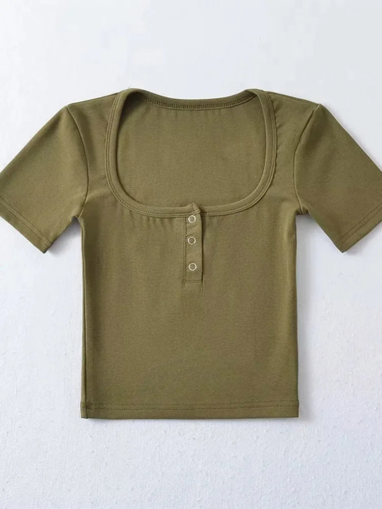 Button Front Short Sleeved Crop T-shirt
