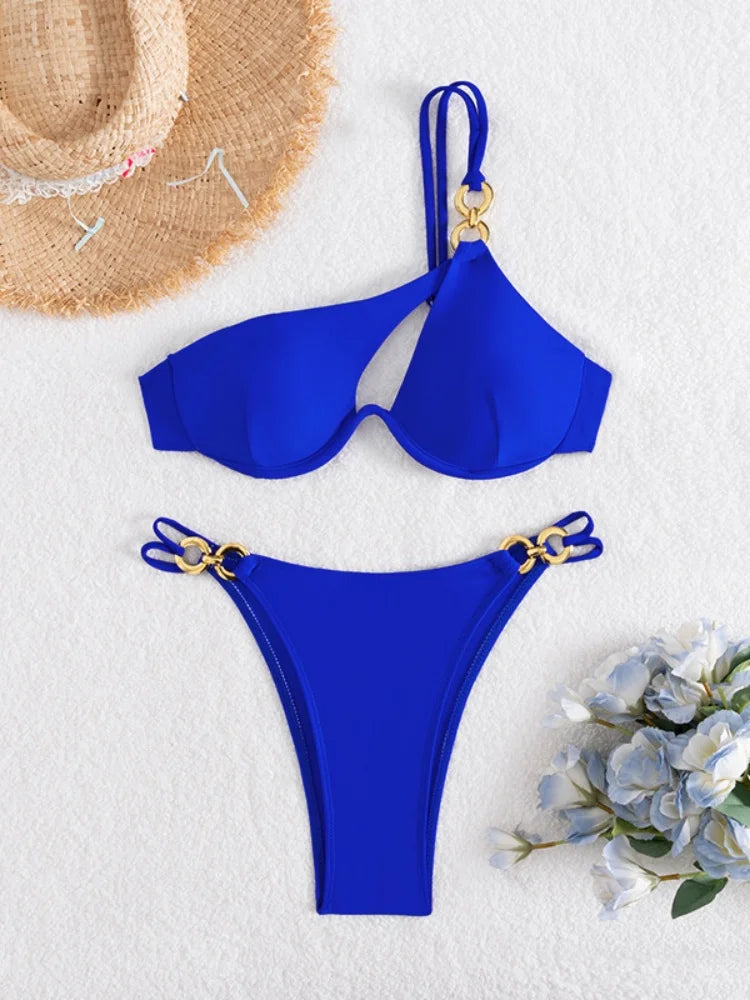 Sexy Metal One Shoulder Bikini Set