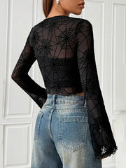 Autumn Winter Black Spider Web Mesh Sheer Long Sleeve Crop Top