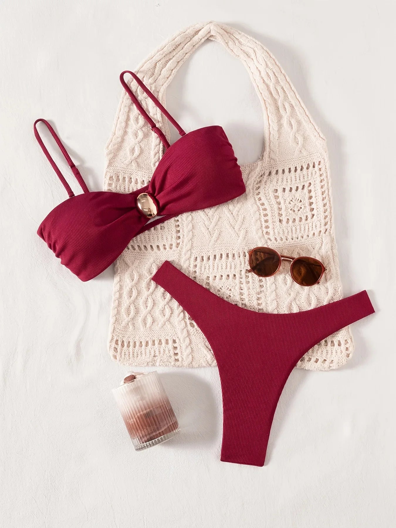 Sexy Red Metal Buckle Pleate Push Up Bikini Set
