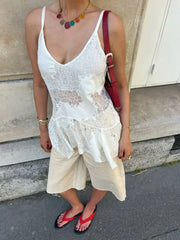 Sexy Sheer Off White Lace Deep V Cami Top