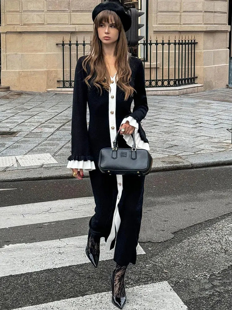 Flare Sleeves Elegant Knitted Maxi Dress