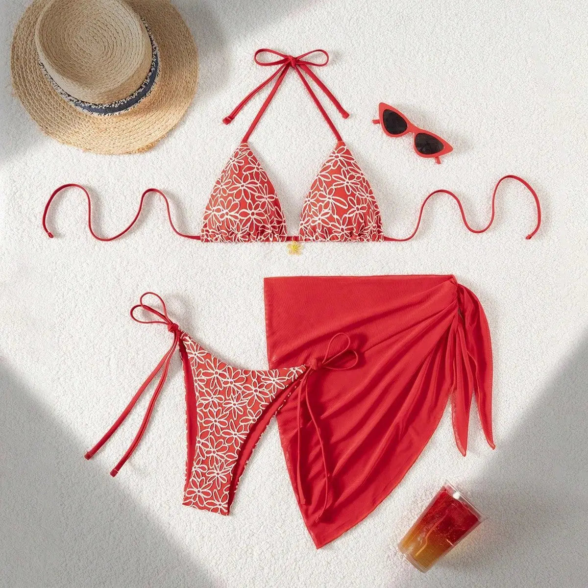 Sexy Red Mesh Cover Up 3 Piece Bikini Set