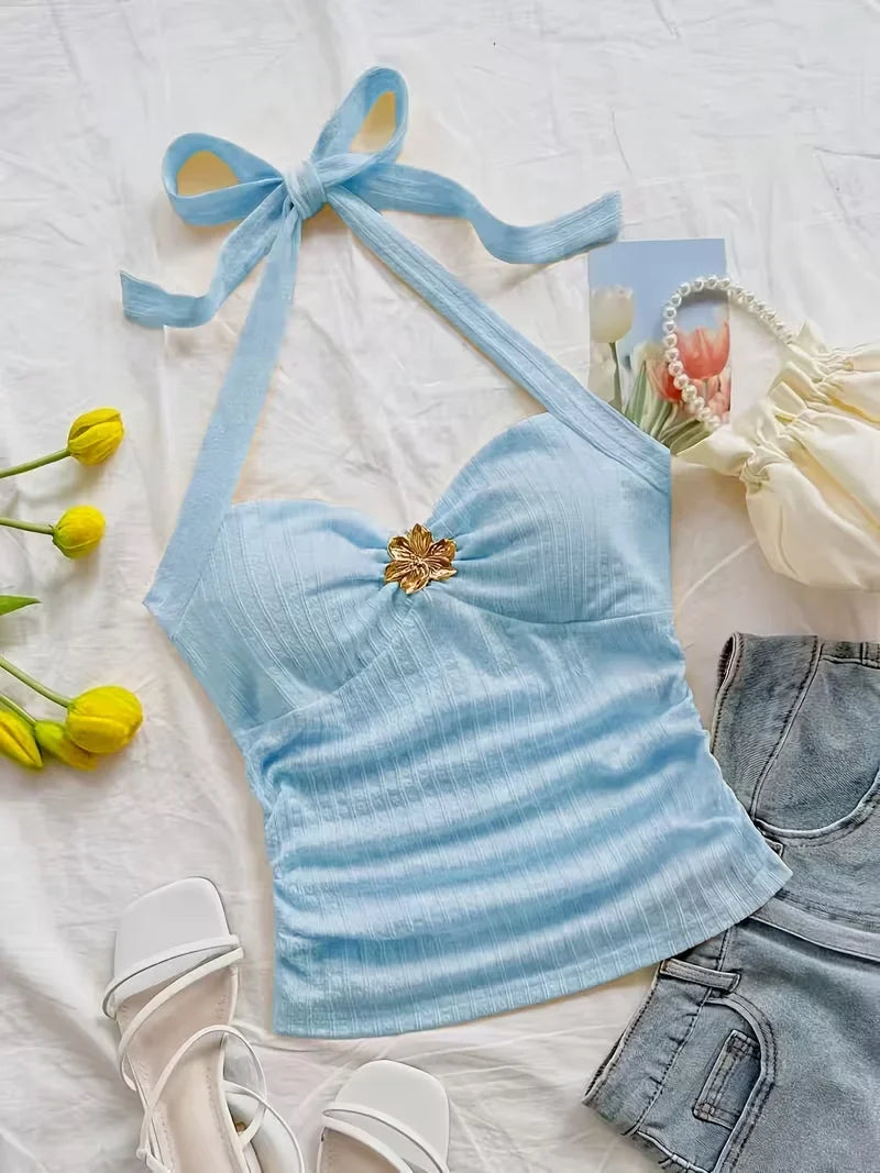 Women's V-Neck Floral Metal Buckle Backless Halter Top