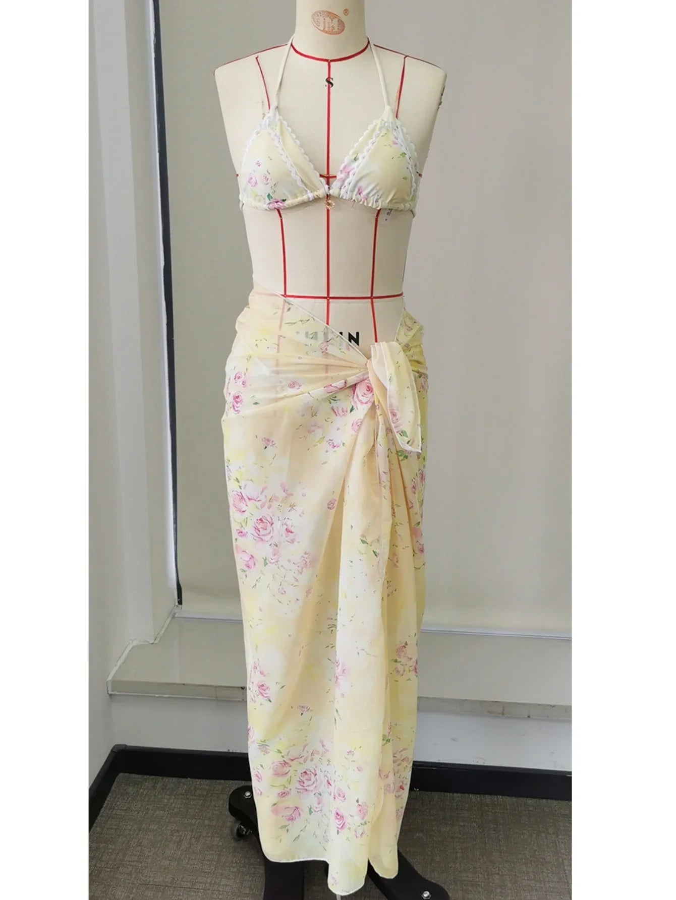 Sexy Yellow Floral Print Long Skirt 3 Piece Swimsuit