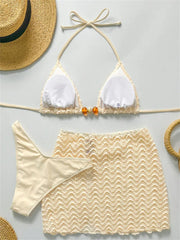 Sexy Coffee Pleate Skirt 3 Piece Swimsuit
