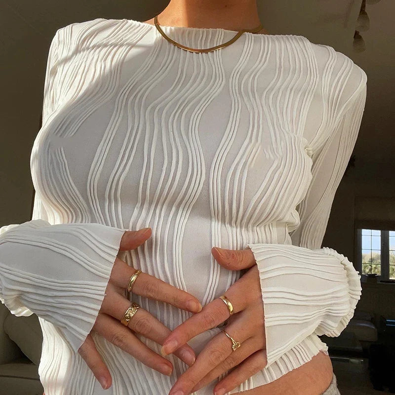 Casual Ruched Long Sleeve T-shirt Blouses Female White Skinny Cropped Bottoming Shirt Autumn Y2K Top