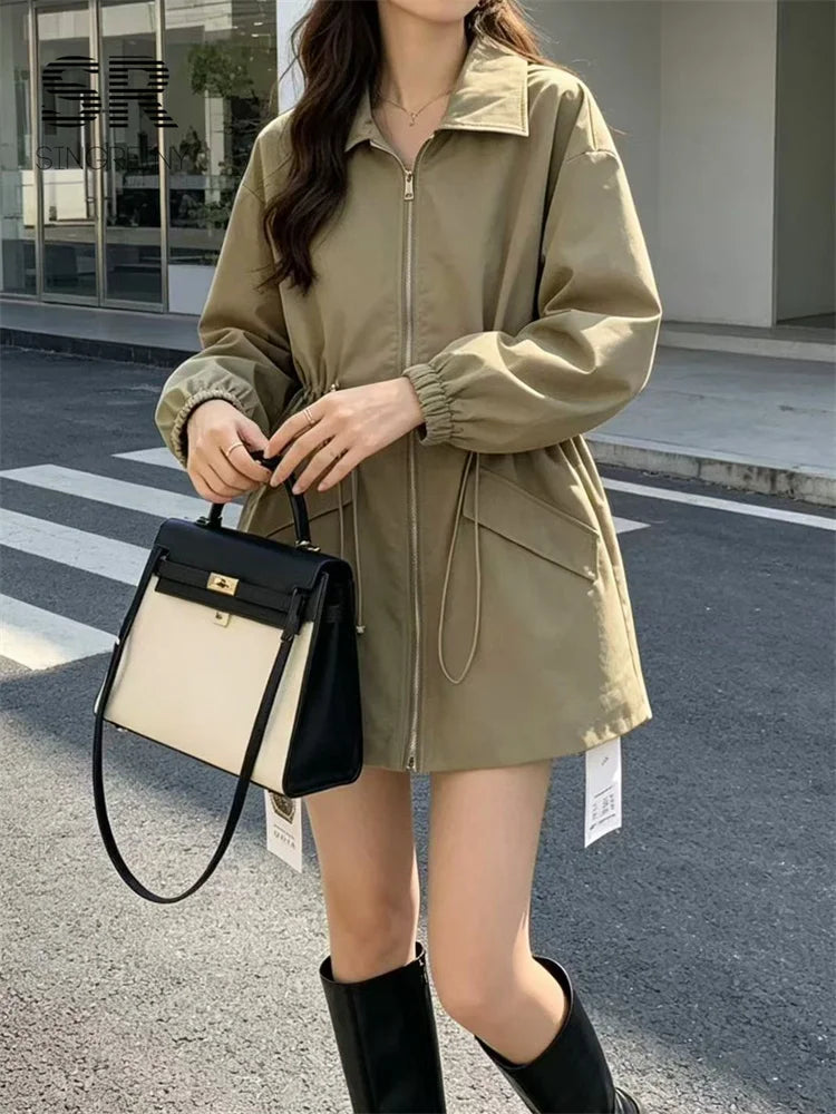 SINGREIN Autumn Streetwear Casual Coat Female Lapel Drawstring Zipper Full Sleeves Outfit American Retro Slim Workwear Outerwear