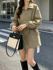 SINGREIN Autumn Streetwear Casual Coat Female Lapel Drawstring Zipper Full Sleeves Outfit American Retro Slim Workwear Outerwear