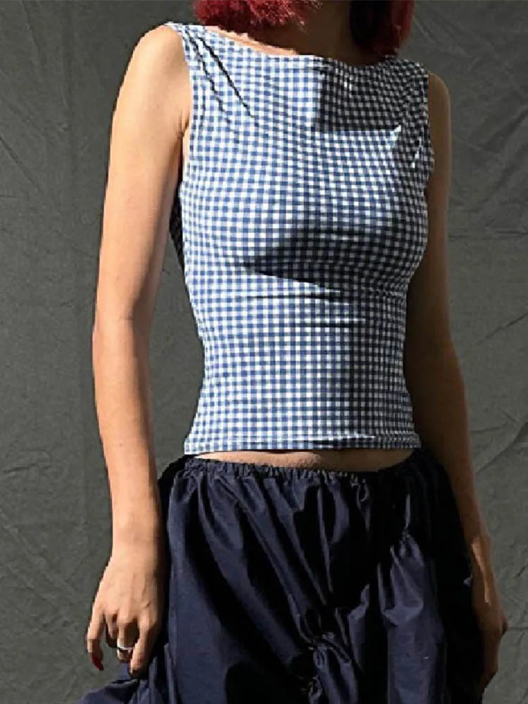 Korean Backless Plaid Print Bow Tie Sleeveless Crop Top