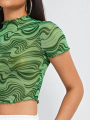 Chic Swirl Print Mesh Crop Top