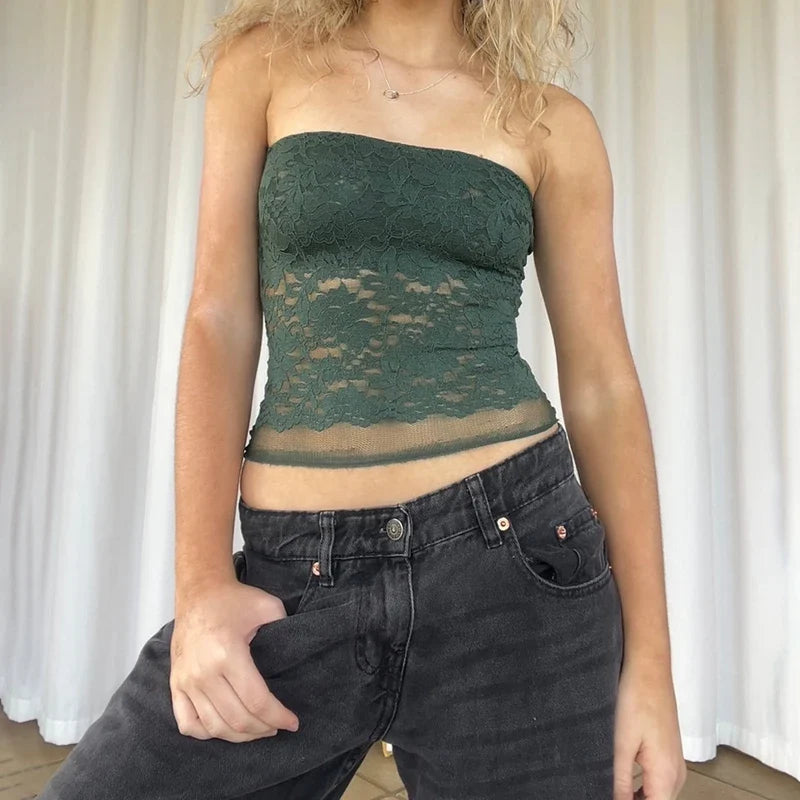 Boho Beach Holiday Strapless Camis Bandeau Fairycore Floral Lace Sleeveless Crop Tops