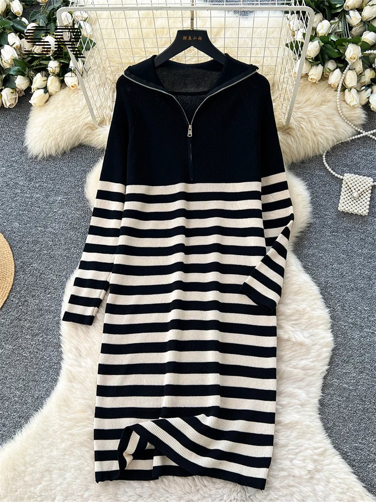 Winter Casual Striped Long Dress
