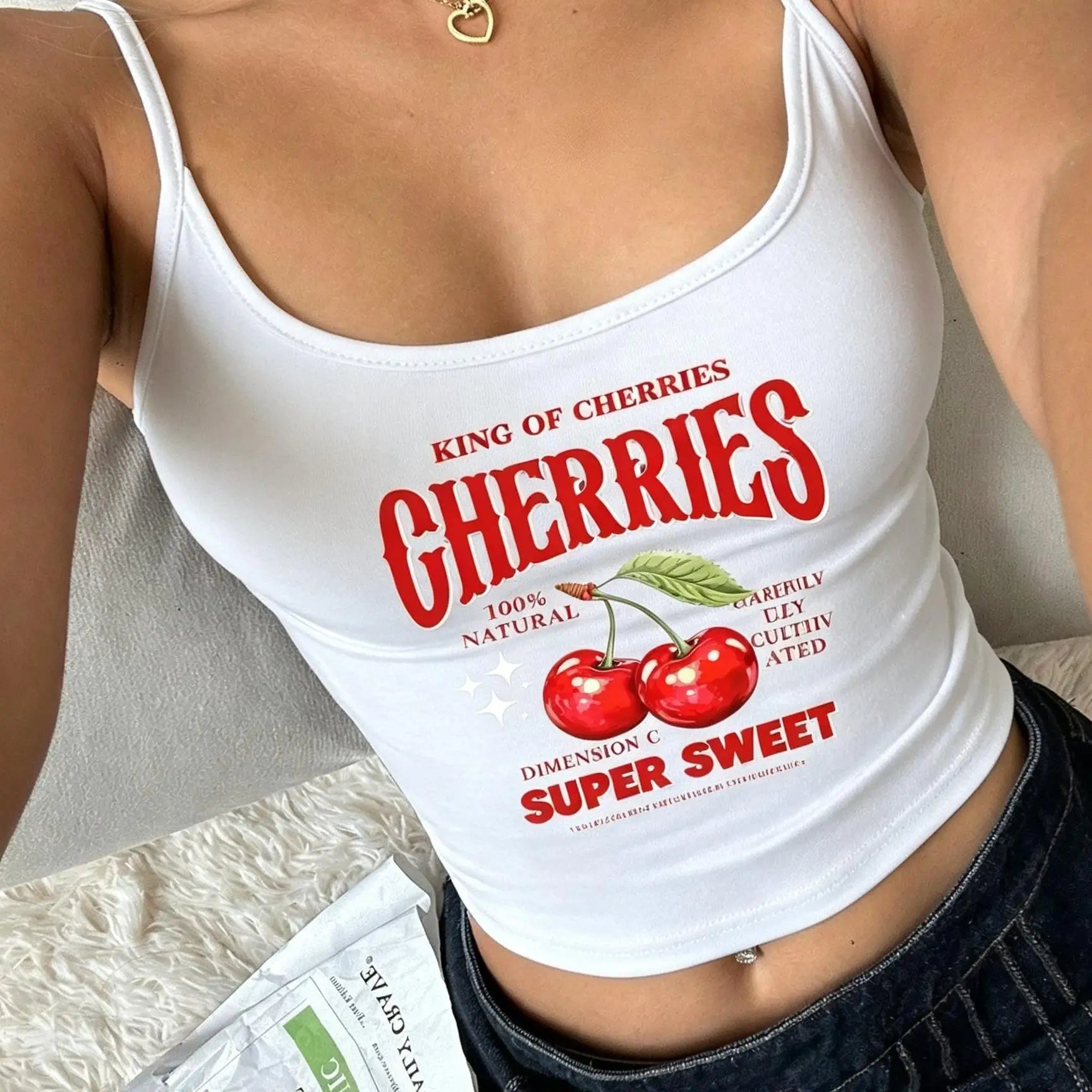 Women's Casual Cherry Print Black Cropped Camisole Top