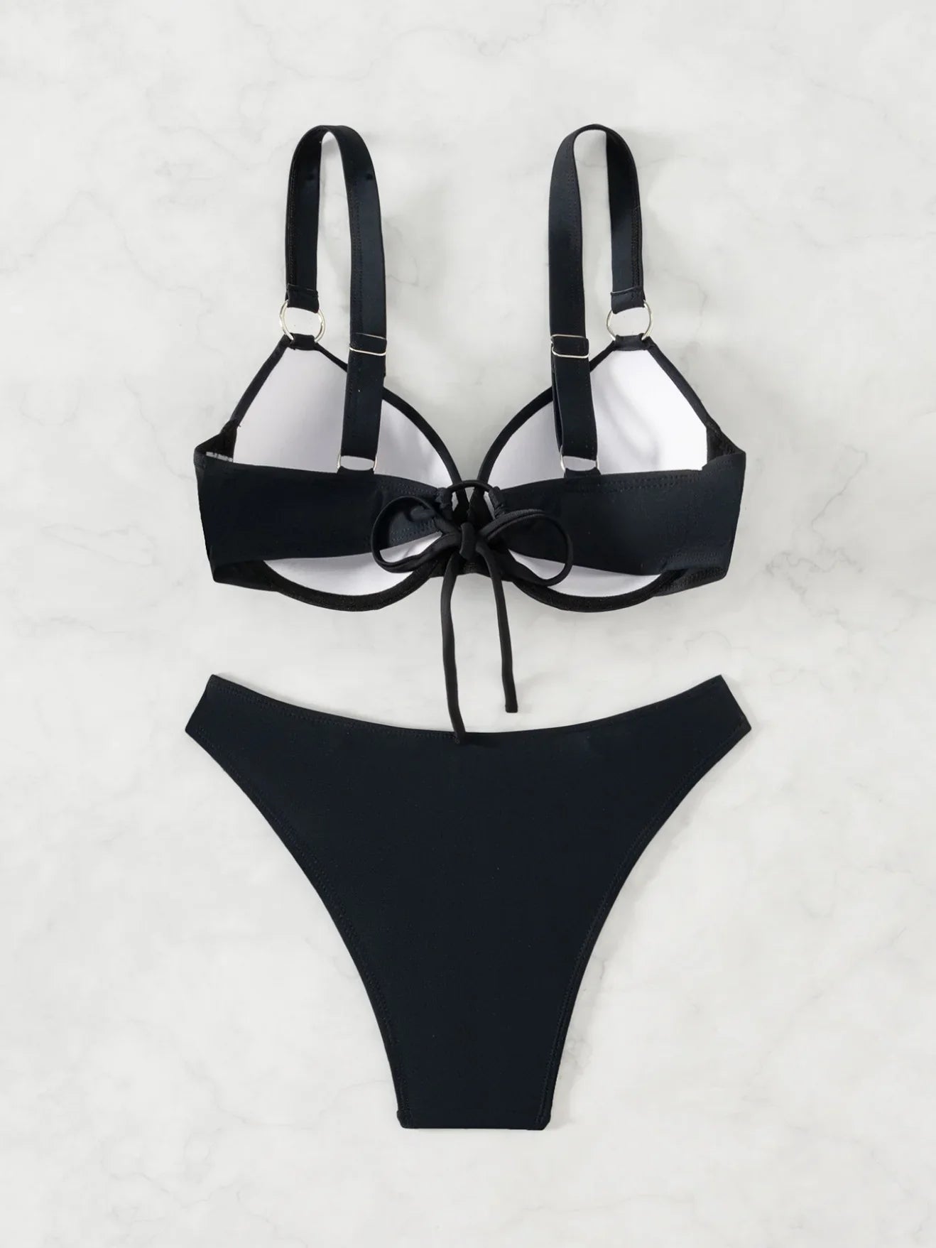 Sexy Black Swimwear Metal Ring Push Up Padded Bra Bikini Set