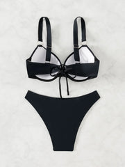 Sexy Black Swimwear Metal Ring Push Up Padded Bra Bikini Set