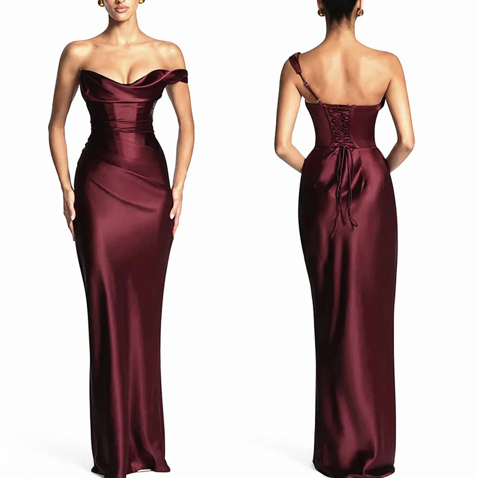 Sexy Light Blue Silky Satin One Shoulder Cowl Neck Draped Maxi Dress