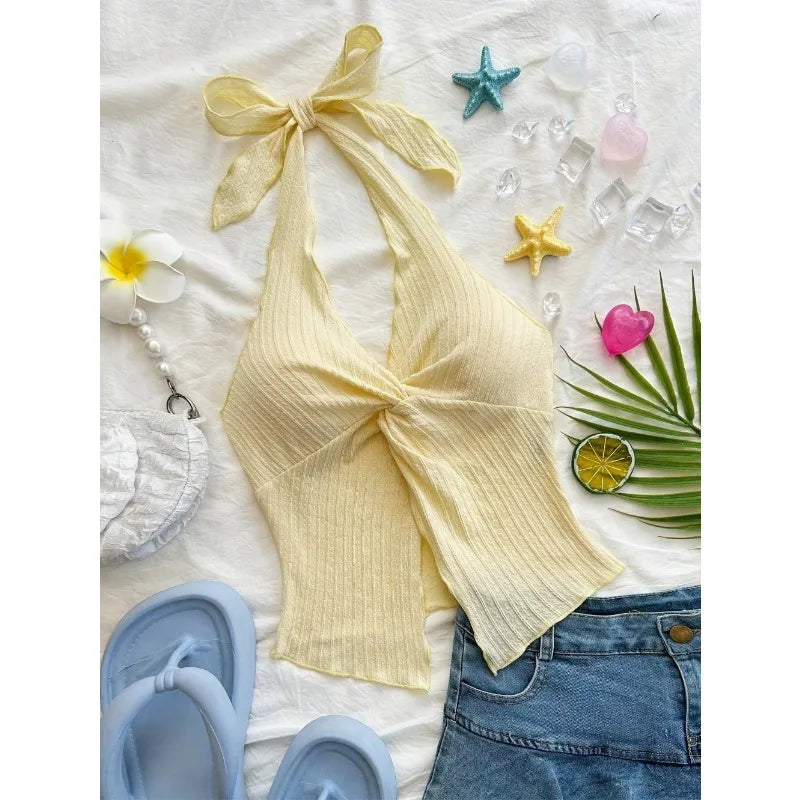 Y2K Sexy V-neck Halter Neck Crop Top
