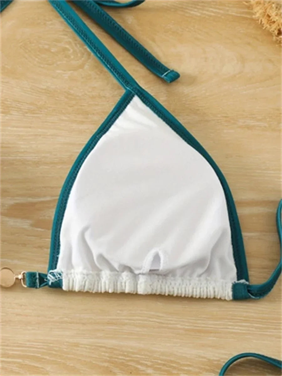 Contrast Pearl Tie Side Thong Swimsuit