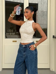 White Lace High Neck Halter Back Button Backless Slim Fit Crop Top