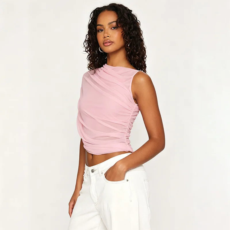 Ins Style One Shoulder Drape Neck Ruched Waist Slim Fit Casual  Tops