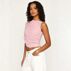 Ins Style One Shoulder Drape Neck Ruched Waist Slim Fit Casual  Tops