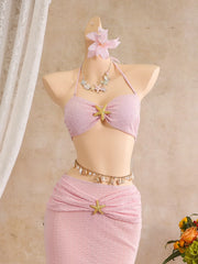 Sexy Pink Mesh Mermaid Skirt 3 Piece Bikini Set